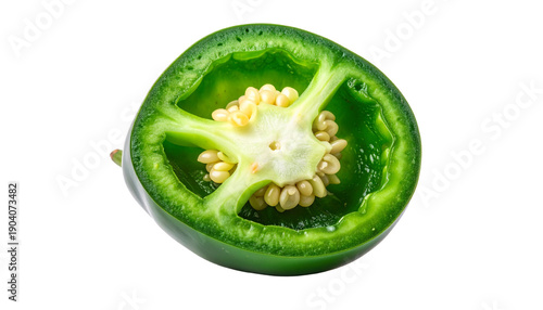 Wallpaper Mural Green jalapeño pepper sliced in a cross-section. Detailed macro photo shows the inner seeds and core of the spicy vegetable. Raw cooking ingredient isolated on a transparent background. Torontodigital.ca