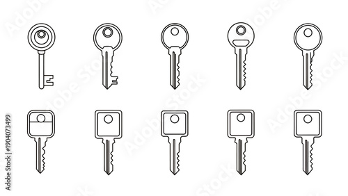 Collection of assorted metal keys arranged in two neat rows for graphic resources.