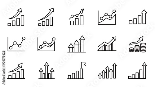 Set of simple line and bar graph icons representing charts, analytics, and growth visuals.