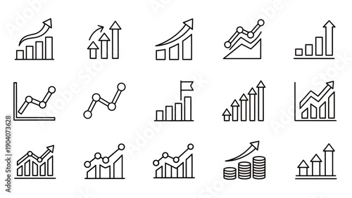 Collection of line and bar chart icons representing growth, analytics, and data visualization.