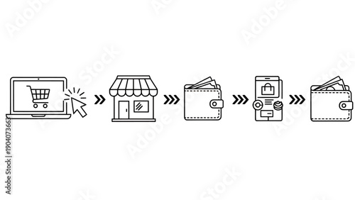 Series of shopping and retail icons showing commerce concepts from cart to storefronts and payments.