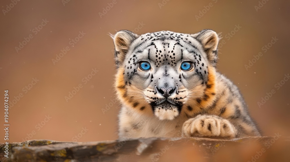 Fototapeta premium A striking snow leopard peers from behind a rock.