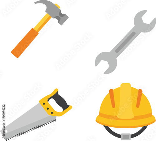Construction tools illustration featuring hammer, wrench, saw and safety helmet icons for building repair, industrial work, maintenance services and job site safety concepts