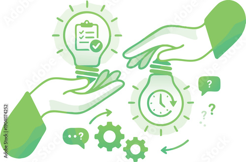 Hands holding lightbulb with checklist and clock.