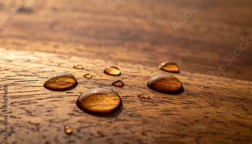 Water droplets sit atop a wooden surface with varied warm brown hues and a soft, blurred background