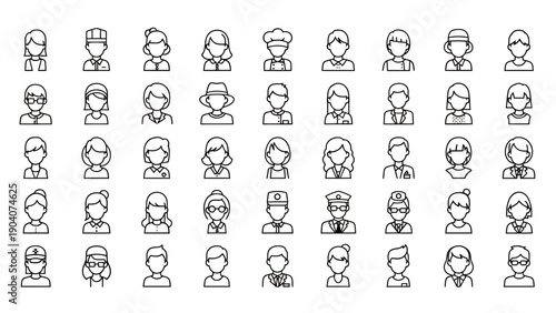 Grid of small line art people icons representing a diverse group of individuals in a uniform layout.