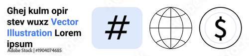 metadata tag, globe, and dollar sign represent connection, global outreach, and finance. Ideal for social media, globalization, finance, economy marketing web usability simple landing page