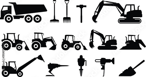 Construction vehicles, heavy equipment, industrial tools, excavator, bulldozer, tractor, jackhammer, vector silhouettes, black icons, building machinery, isolated illustration