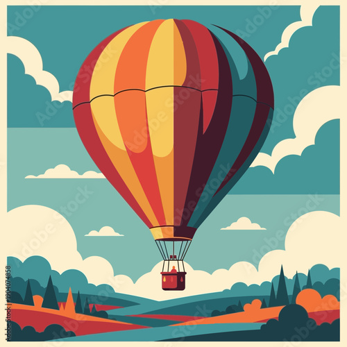 Colorful hot air balloon floating over landscape, vintage travel illustration
