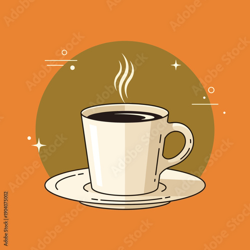 Steaming Coffee Cup with Saucer, Warm Beverage, Flat Illustration