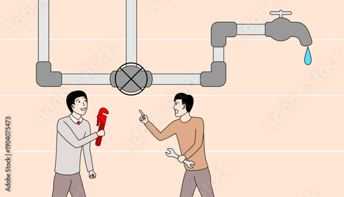 Two men are repairing the pipe