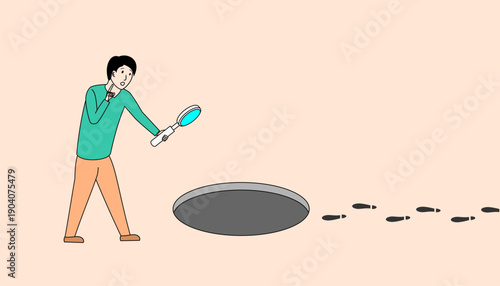 man is observing footprints leading to a hole.