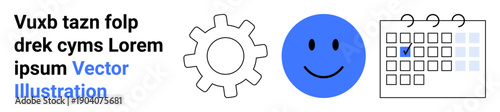 Productivity, task planning, time management, goal setting, workflow optimization, organization. Gear, blue happy face and marked calendar icon. Productivity and task planning concepts