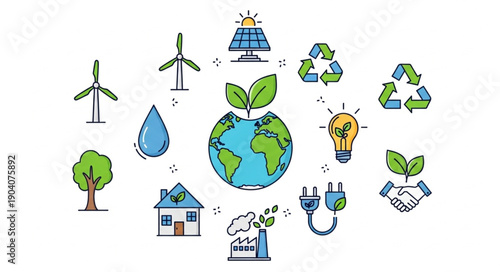 Sustainable energy and environmental protection icons on white background.