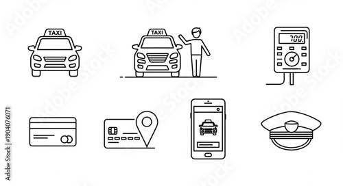 Taxi service icons including car driver payment and app.