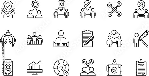 Business Teamwork and Human Resources Line Icon Set with Collaboration, Leadership, Recruitment, Analysis, Training, and Management Symbols