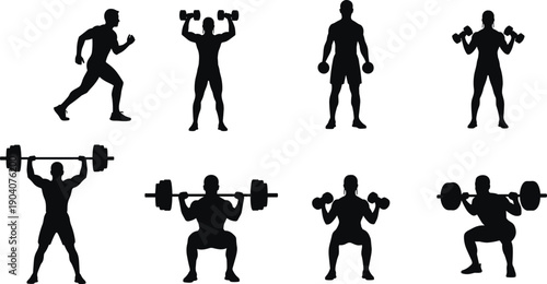 Fitness athlete silhouette set performing gym workouts including running, dumbbell exercises, barbell squats and strength training poses isolated on white background collection illustration