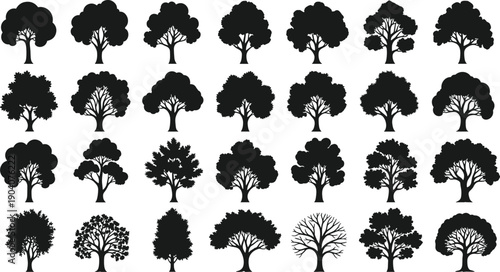 Black tree silhouette collection with diverse deciduous tree shapes isolated on white background, forest vegetation icons, nature landscape elements for design and illustration