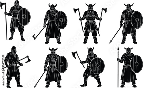 Viking warrior silhouette set with axes, shields and spears, medieval Norse fighters in traditional armor poses isolated on white background illustration collection