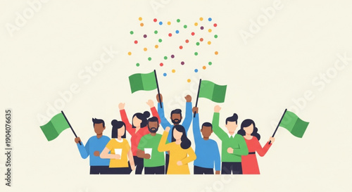 Diverse group of people celebrating with green flags and colorful confetti in the air