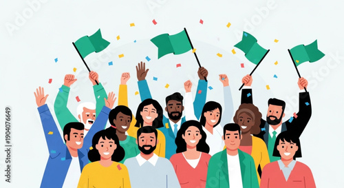Diverse group of people celebrating with green flags and confetti in the air