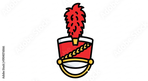 Vibrant red military hat with gold accents and feather on white background