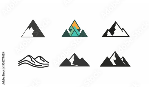 Realistic mountain landscape flat vector illustration set isolated on white