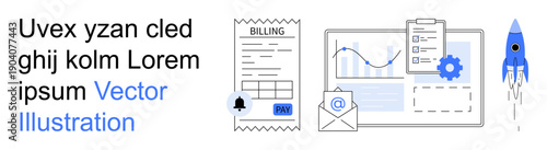 Financial services, data analysis, billing solutions, growth strategies, business management, workflow organization. Receipt and invoice with data charts and growth symbol. Financial services