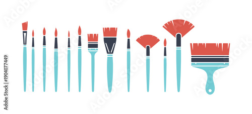 Paint brush icon collection.  Diverse vector illustrations of paintbrushes.  Drawing tools for painting.  Contains a range of brushes from small to wide.  Flat and simple design.