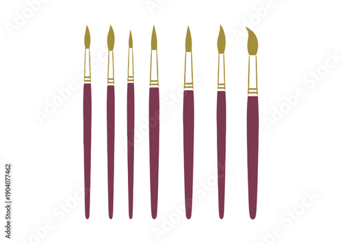 Collection of paint brush icons.  Assorted vector illustrations of paintbrushes.  Tools for drawing with paint brushes.  Features various sizes from narrow to broad.  Minimalist flat design.