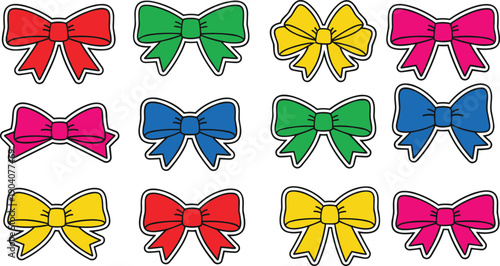 Large Collection of Colorful Ribbon Bows Vector Illustration Featuring Red Green Yellow Blue and Pink Flat Styles with Black Outlines