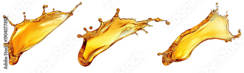 Three Dynamic Golden Liquid Splashes on White Background