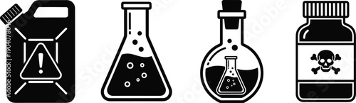 Set of black chemical icons featuring laboratory flasks, toxic medicine bottle with skull, hazardous fuel canister, and scientific experiment glassware silhouettes.
