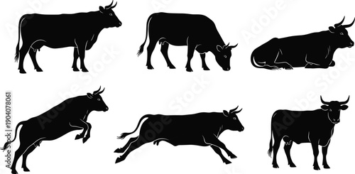 Set of Black Cow and Bull Silhouettes in Various Poses Including Grazing, Running, and Jumping, Isolated Vector Illustrations for Farm Agriculture,