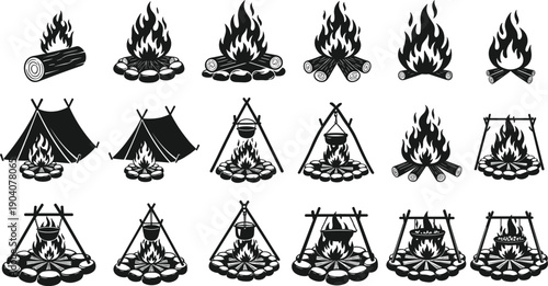 Set of black campfire icons with tents cooking pots over fire and burning logs isolated on white background for camping,