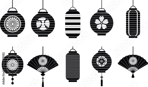 Set of black Japanese lanterns and folding fan silhouettes isolated on white background for traditional oriental festival and Asian culture design,