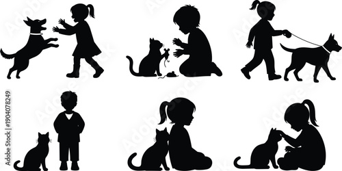 Set of children and pets silhouettes, kids playing with dogs and cats, animal friendship icons, childhood companion vectors for family,