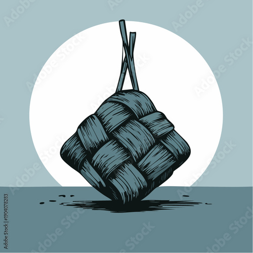 Hand drawn illustration of a traditional hanging ketupat rice dumpling.