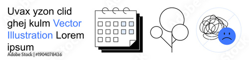 Event management, emotional health, celebrations, scheduling, mood tracking, mental clarity. A calendar, balloons and a sad face are visible. Event management and emotional health concept