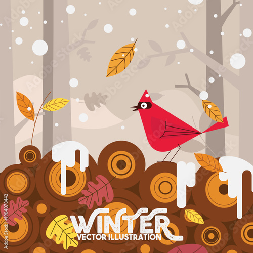 Принти на полотні Winter Cardinal Bird Vector Illustration - Red Bird on Logs with Snow and Leaves