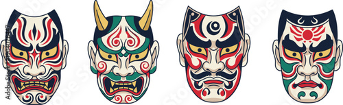 Set of Four Traditional Japanese Kabuki and Oni Masks Vector Illustration Featuring Colorful Ornate Painted Designs for Cultural Theater Decor