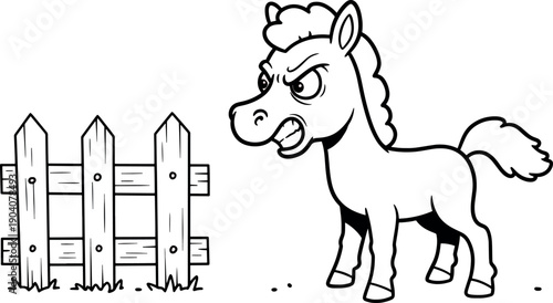 Cute Angry Cartoon Pony Standing Near Wooden Fence in Black and White Line Drawing