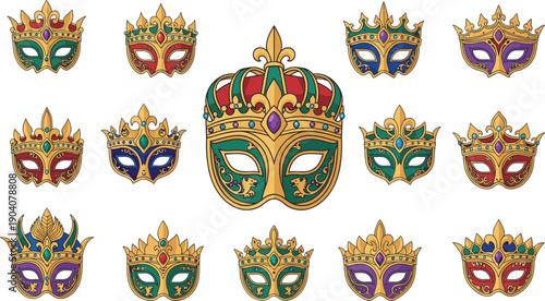 Thirteen Ornate Venetian Carnival Mask Vector Illustrations Featuring Golden Crowns and Colorful Gemstone Details for Masquerade Ball and Festival Party Decor