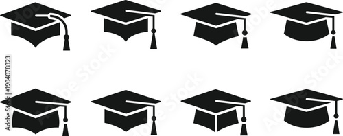Set of graduation cap silhouettes and academic mortarboard icons, university degree symbols, education ceremony hats for high school and college,