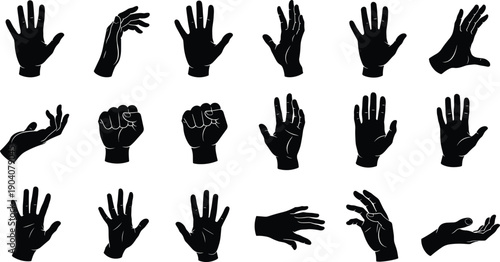 Set of human hand silhouettes and gesture icons, open palm and fist vectors, expressive finger poses for communication and touch,