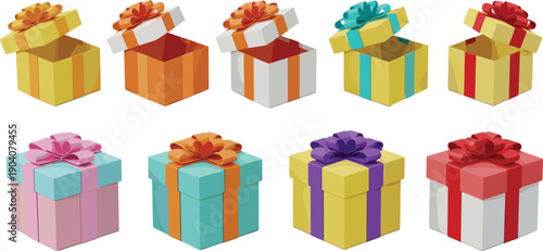 Colorful gift box set with open and closed presents featuring ribbons and bows for celebration, packaging design, holiday decor, or festive illustration.
