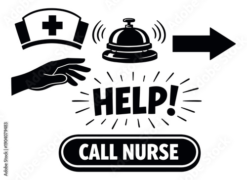 Graphic medical assistance icon set featuring a nurse cap, a bell, and urgent help messages for hospital care