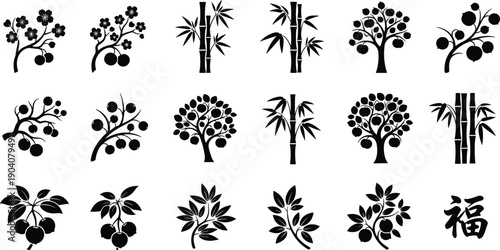 Set of oriental botanical silhouettes, Japanese cherry blossom and bamboo icons, Chinese fruit tree branch vectors, traditional Asian nature calligraphy elements,