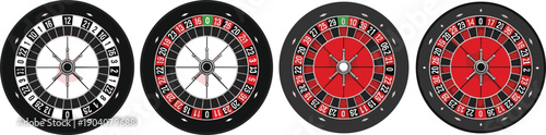Set of realistic casino roulette wheels, gambling game equipment vectors, top view of lucky red and black spinning wheels icons,