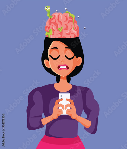 Woman Having Brainrot Symptoms   Vector Illustration. Stressed person feeling exhausted from scrolling trough social media all day